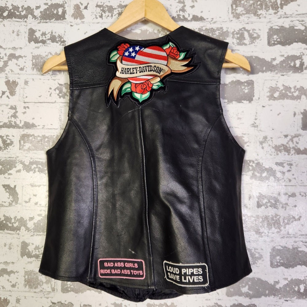 Interstate Leather Womens Motorcycle Biker Vest Patches USA Flag Harley Davidson - Picture 4 of 16